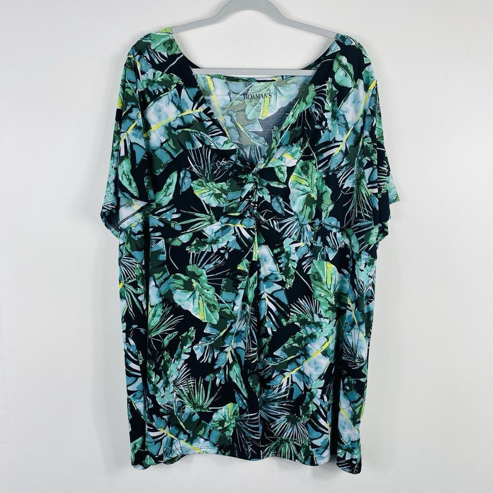 Roaman's Top 26 28 Green Floral Twist Knot Short Sleeve Stretch Blouse